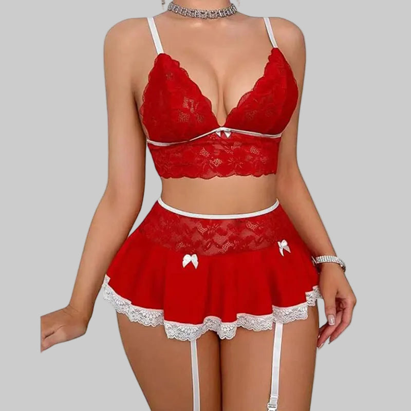Red lace lingerie set on a white background