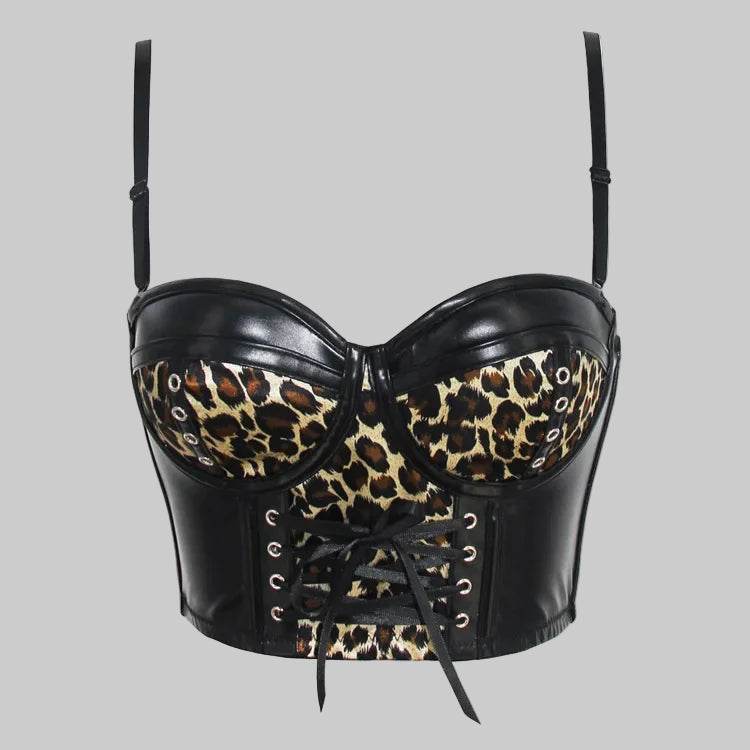 Black leather and leopard print corset on a white background