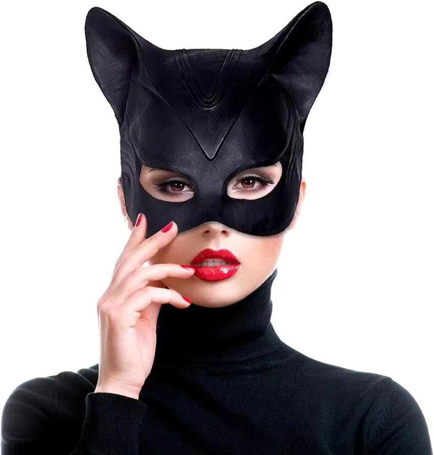 Black cat-eared face mask with eye cutouts, worn with a black fitted top