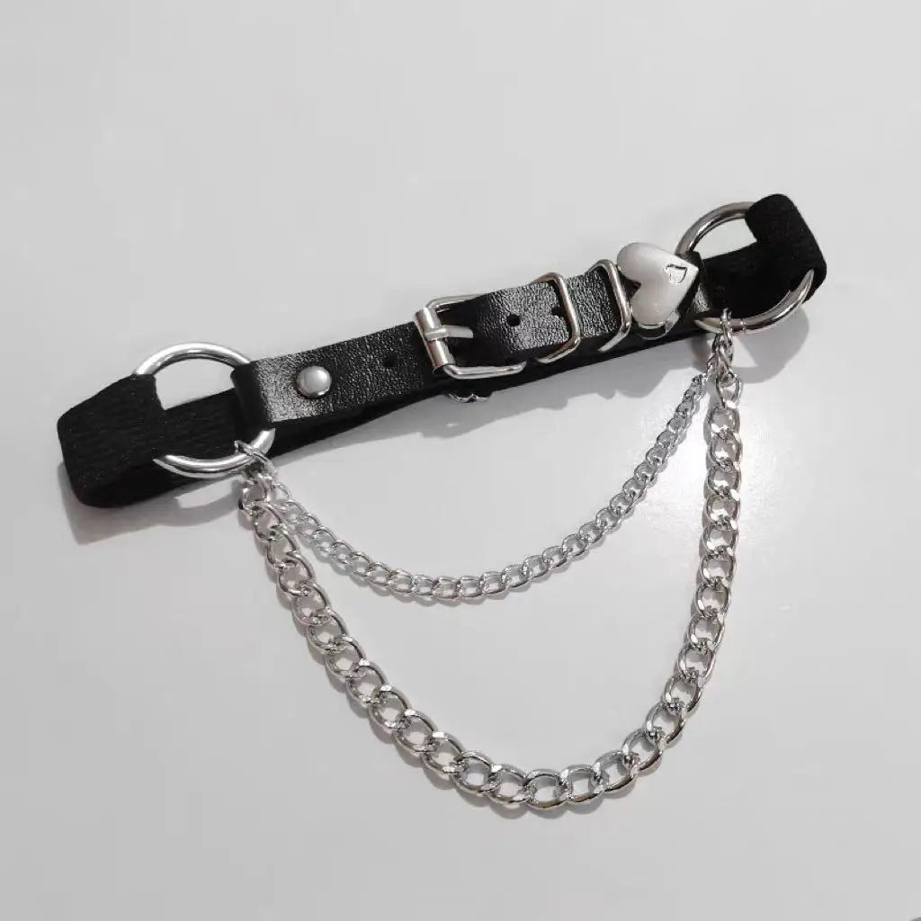 Black leather choker with double silver chain and buckle clasp, side rings
