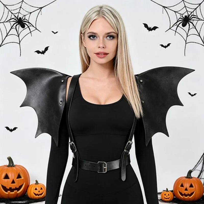 Black batwing harness cinch dress with studded wing sleeves and front belt straps