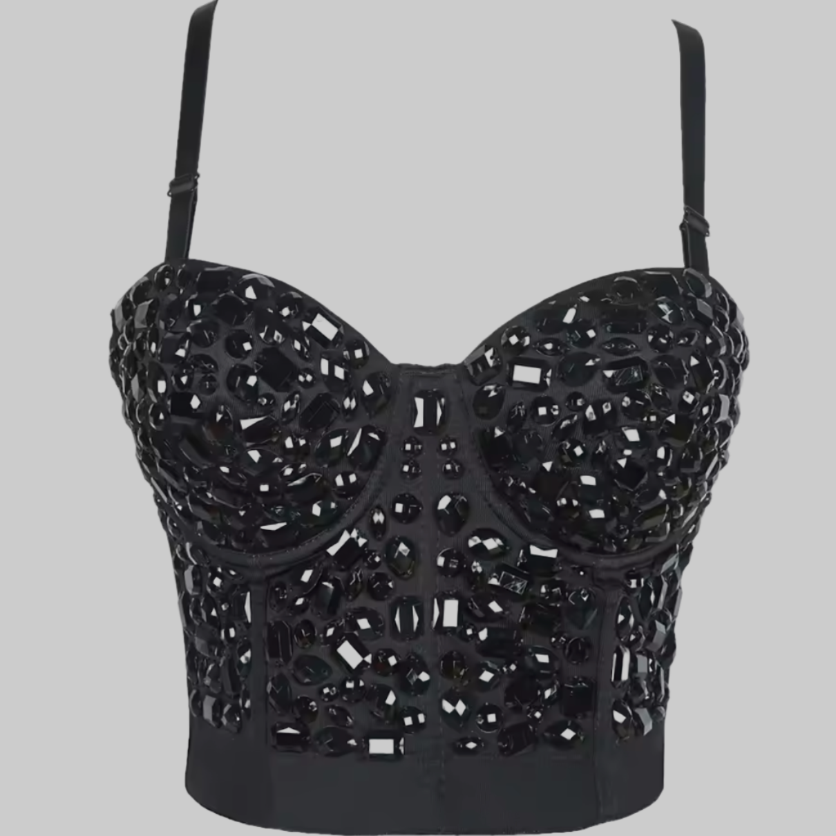 Black beaded crop top on a white background