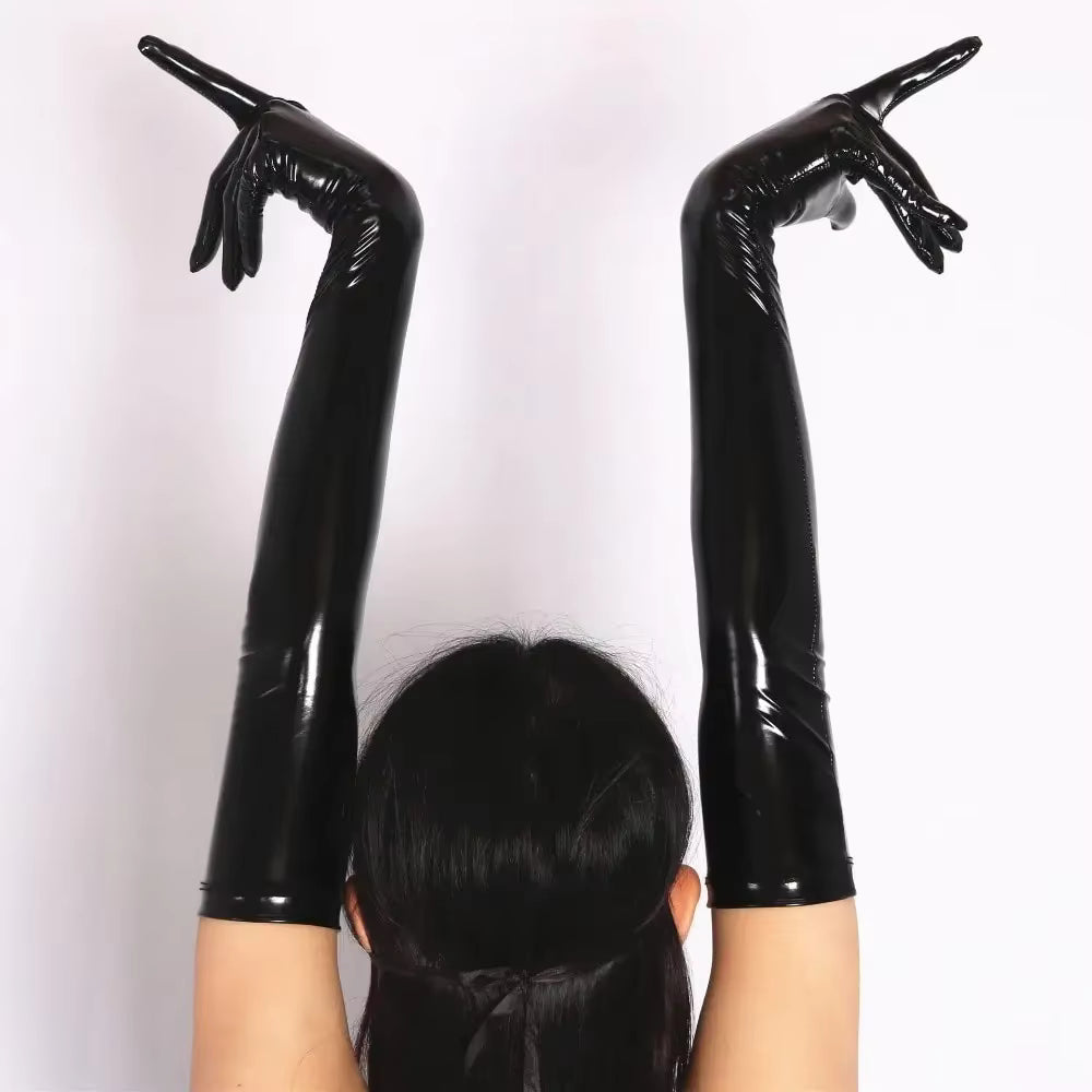 Glossy black long gloves with open fingers, arms raised