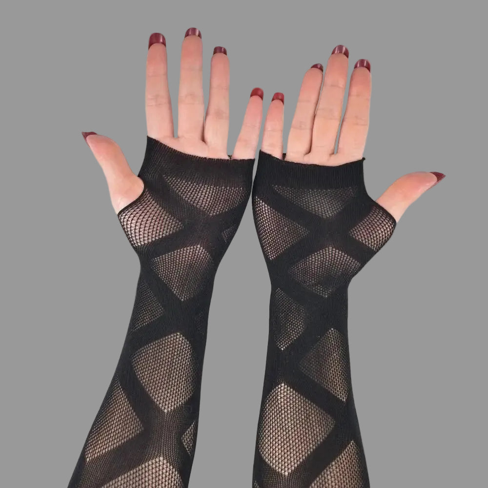 Black fingerless fishnet gloves with diamond pattern panels, matching pair
