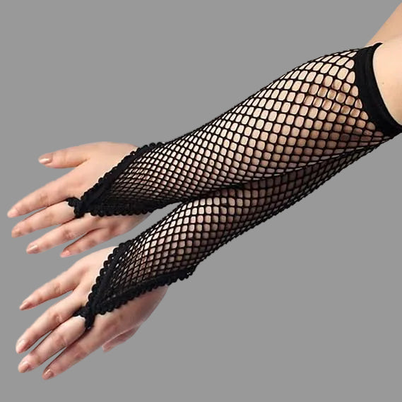 Black fishnet lace gloves, long sleeves with scalloped edge near wrists