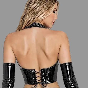 Black glossy halter crop top with lace-up back and matching shiny arm cuffs