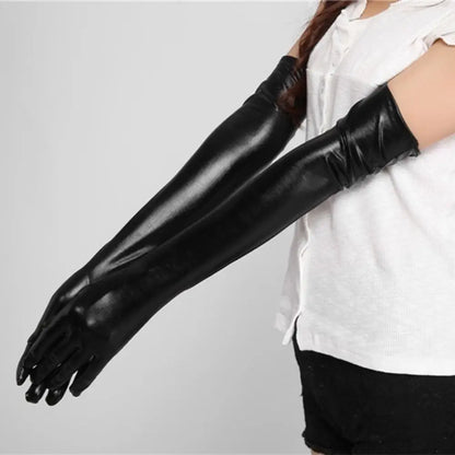 Long black fitted gloves with glossy finish, reaching past the wrist