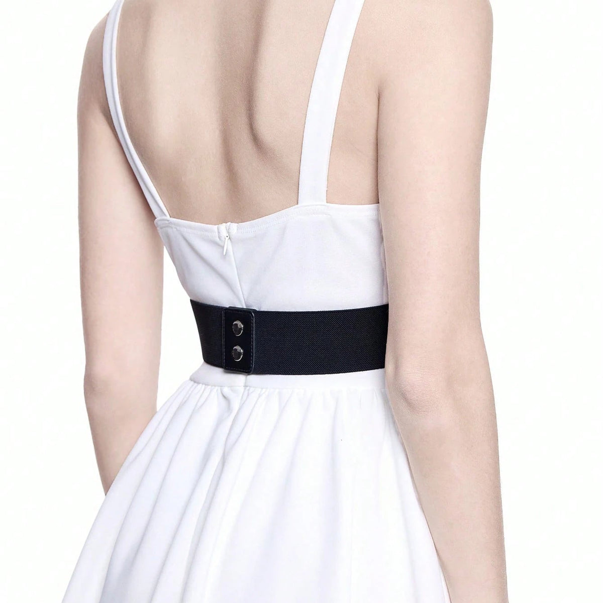 White strappy dress with black gothic waist cinch and snap-button band