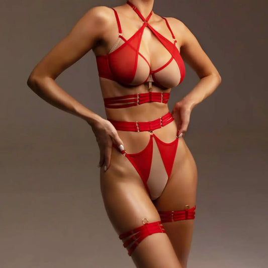 Red harness lingerie set with underwire bra, garter belt, and high-cut thong