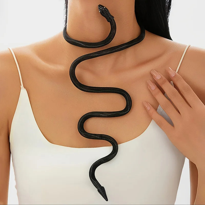 Black snake-style cord necklace coiled around the neckline with two curled tips