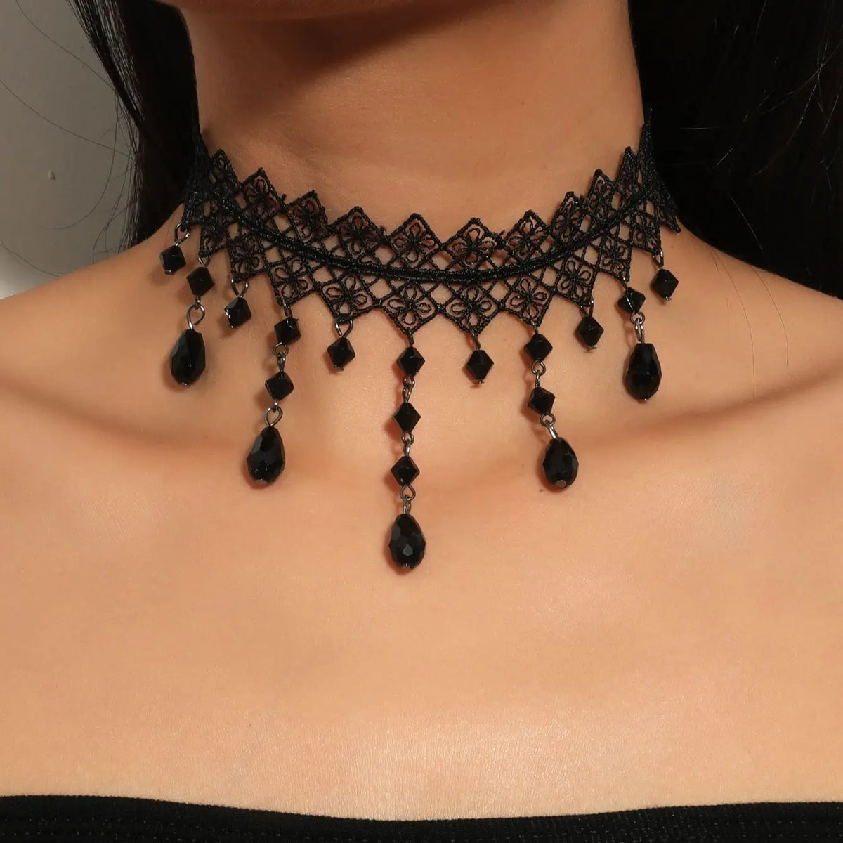 Black lace choker necklace with dangling teardrop crystal charms
