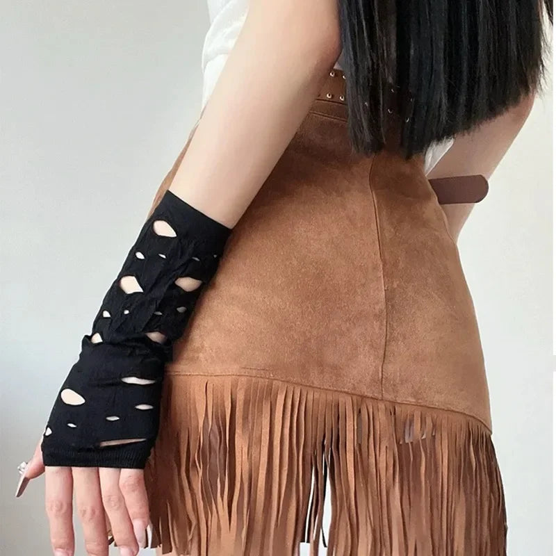 Black fingerless arm warmer sleeve with oval cutouts and stitched edges