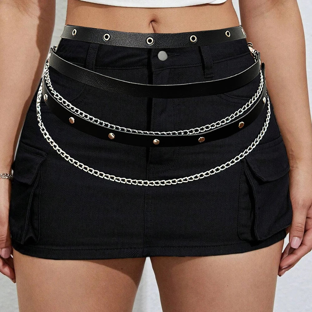 Black punk belt with metal eyelets and multiple silver chain rows on waistband