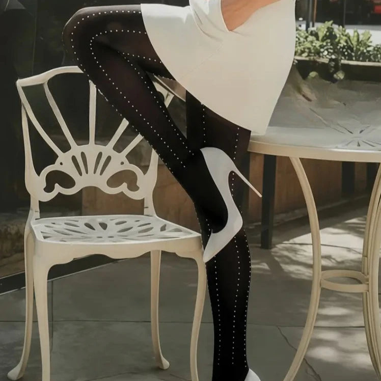 Black velvet tights with dotted vertical rhinestone side stripe