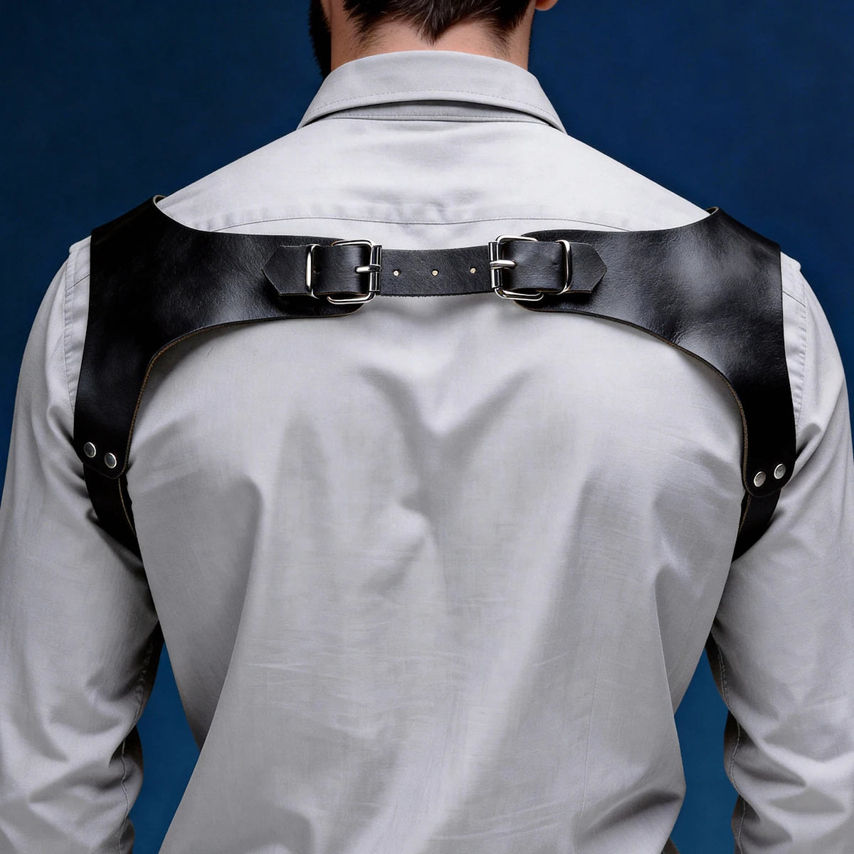 Black leather back chest corset with wide shoulder straps and metal buckles