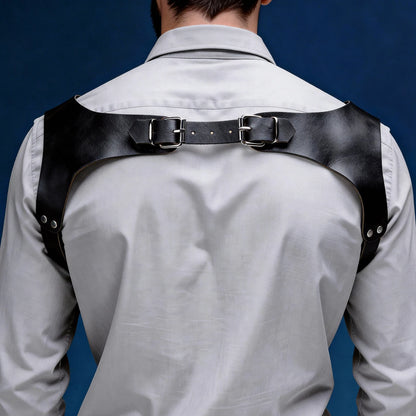Black leather back chest corset with wide shoulder straps and metal buckles