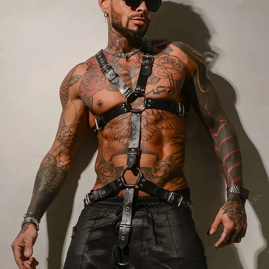 Men's black control harness with front chest straps, buckle waist belt, ring detail