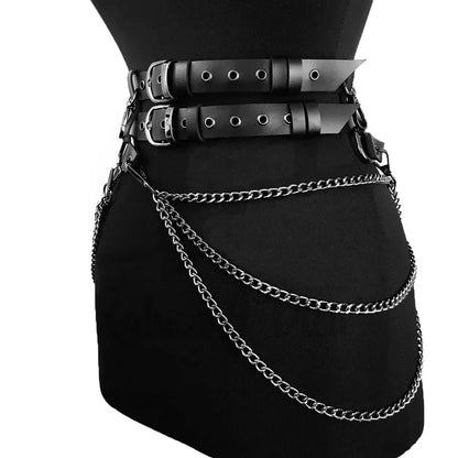 Black multi-buckle chain waist belt with silver curb chains across front