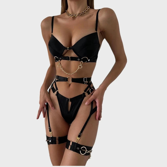 Black lingerie set with underwire bra, harness straps, and matching thong