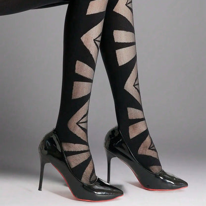 Black sheer tights with abstract geometric nude pattern, paired with patent pumps