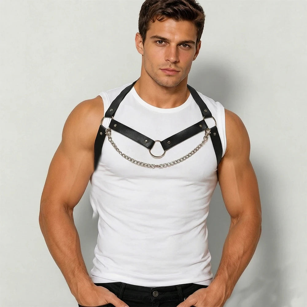 Men's white tank top with black harness straps and silver chain, sleeveless