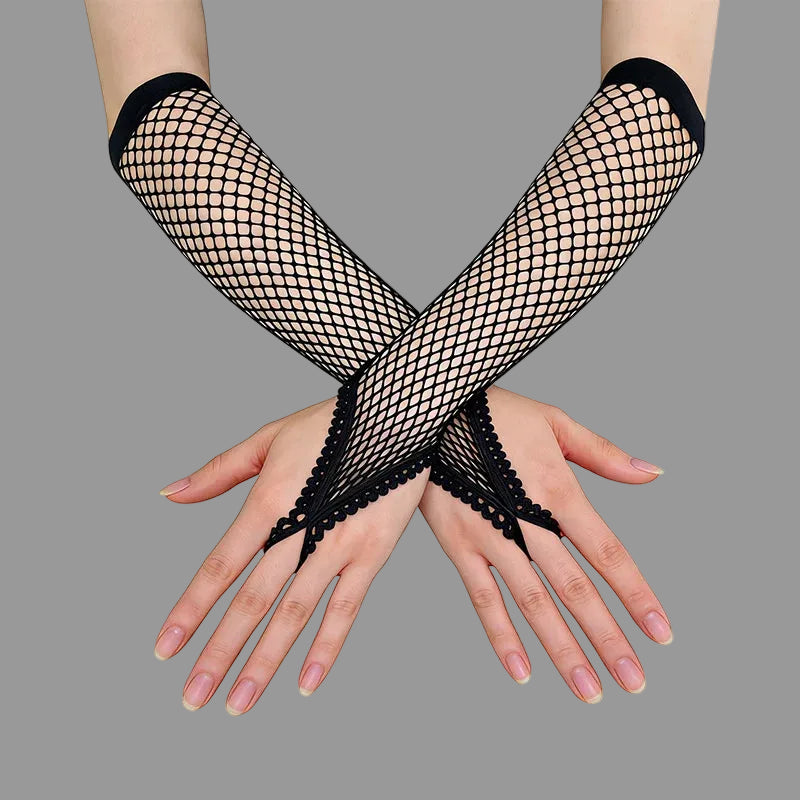 Black fishnet lace gloves with scalloped trim and fingerless open tops