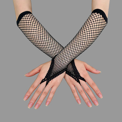 Black fishnet lace gloves with scalloped trim and fingerless open tops