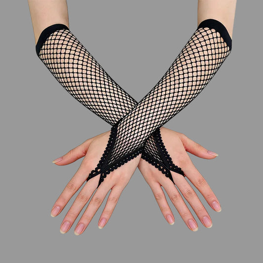 Black fishnet lace gloves with scalloped trim and fingerless open tops