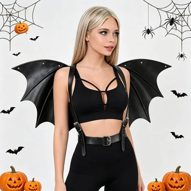 Black batwing harness bra top and cinch straps with studded wing sleeves