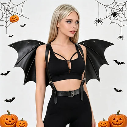 Black batwing harness bra top and cinch straps with studded wing sleeves