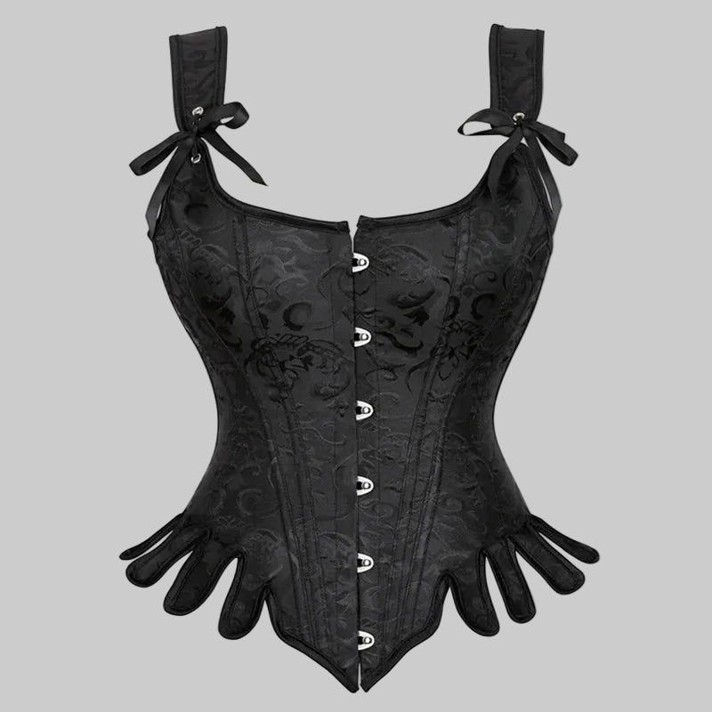 Black corset with decorative buttons and matching gloves on a white background