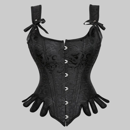 Black corset with decorative buttons and matching gloves on a white background