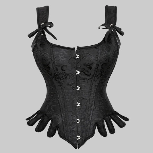 Black corset with decorative buttons and matching gloves on a white background