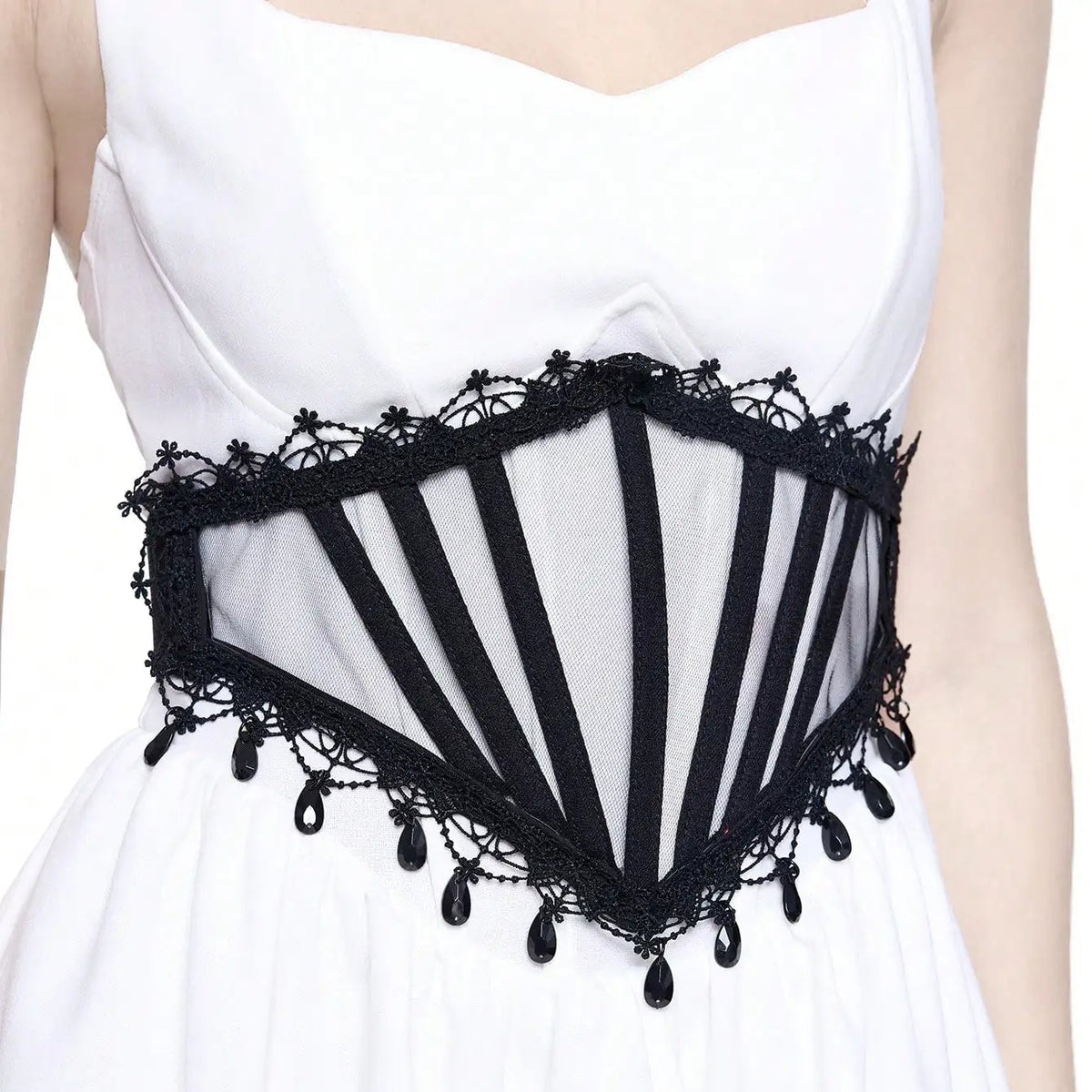 White dress with black lace corset waist cinch and vertical striped mesh
