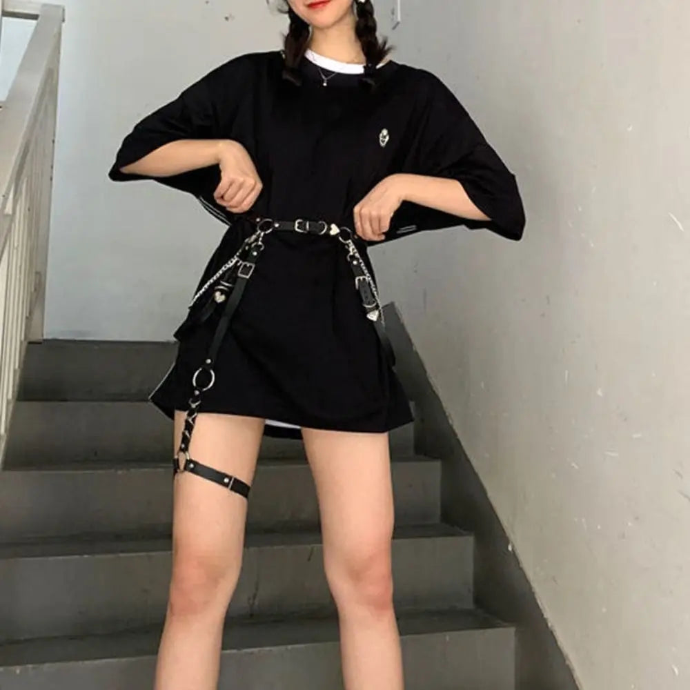 Black mini dress with chain harness belt and adjustable metal buckles