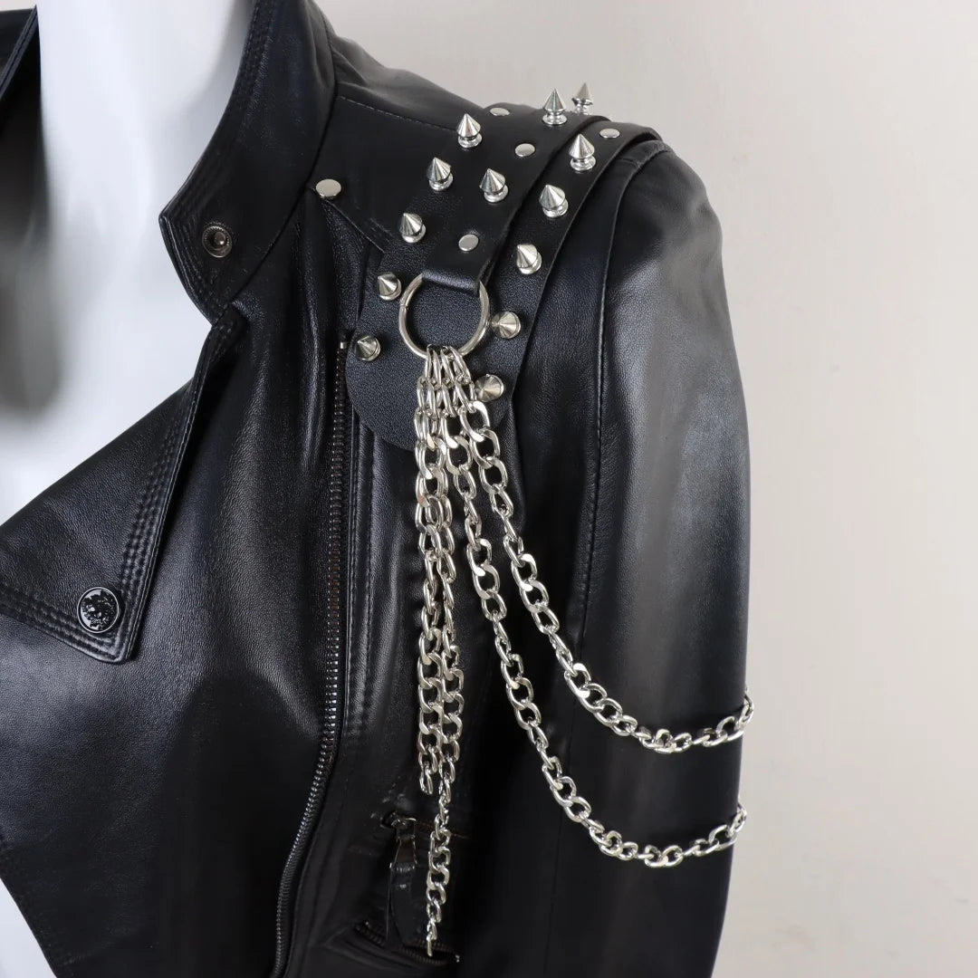 Darkvolt leather harness with studded shoulder strap, O-ring, and hanging multi-chain loops