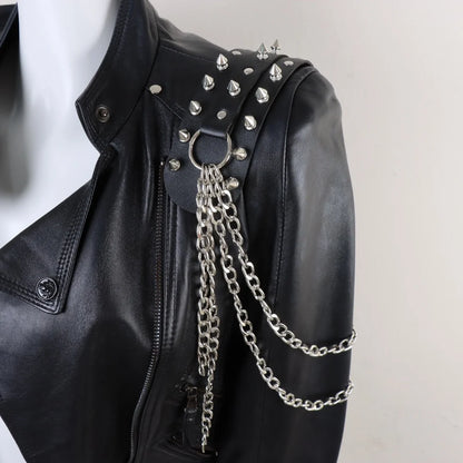 Darkvolt leather harness with studded shoulder strap, O-ring, and hanging multi-chain loops