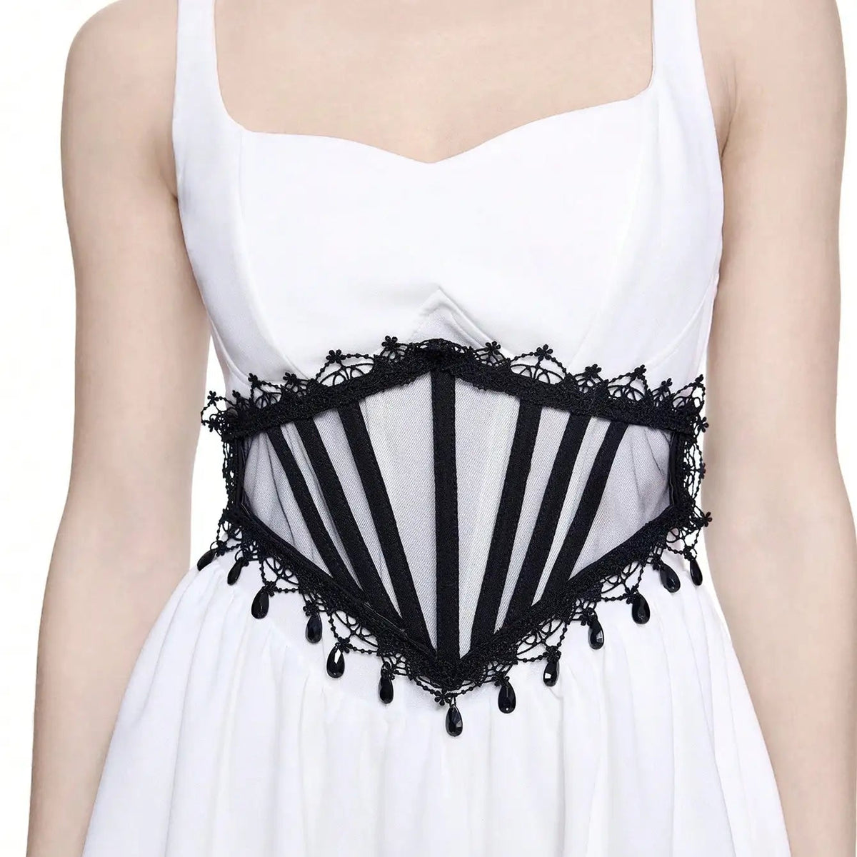 White dress with black lace corset-style waist cinch, striped mesh panels