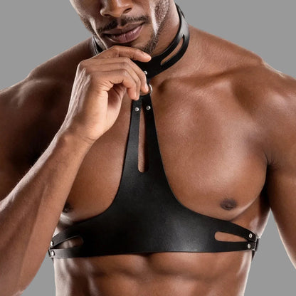 Black leather harness bra with halter neck strap and dangling front leather tab