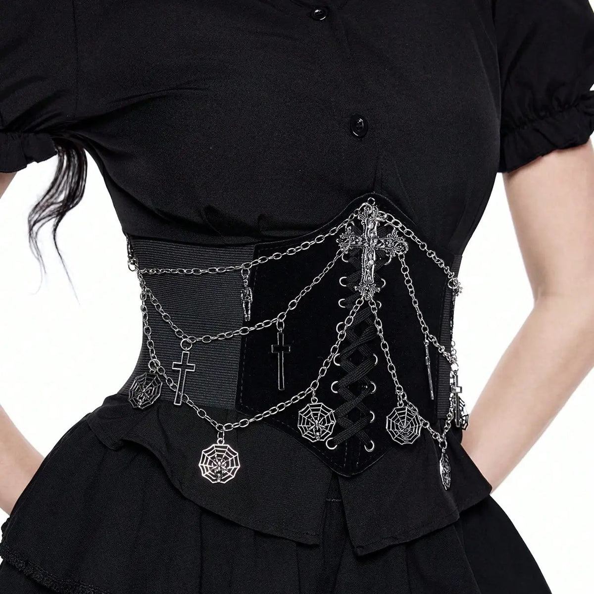 Black corset-style chain belt with silver crosses, spiderweb medallions, and laced center
