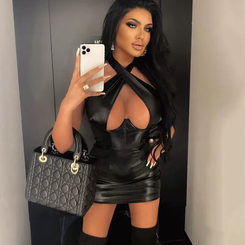 Black off-shoulder halter mini dress with deep chest cutout and glossy finish