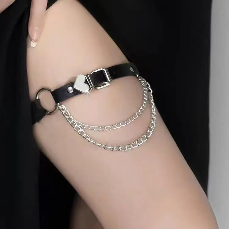 Black faux-leather double chain leg garter with silver buckles and rings