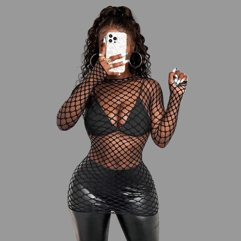Black sheer fishnet cover-up with long sleeves and high neckline