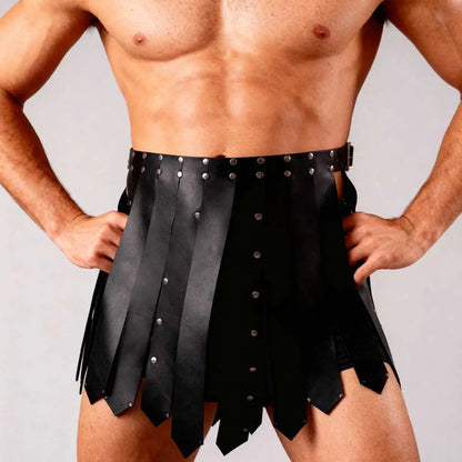 Black studded waist kilt skirt with layered panels and metal button accents