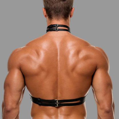 Black leather back harness with neck choker and horizontal chest strap