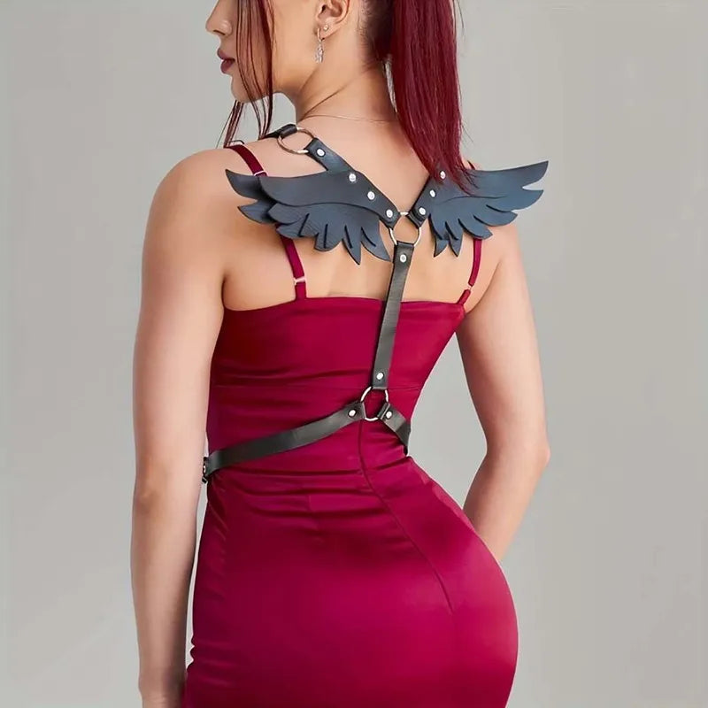 Zelvique Darkflight harness back straps with black winged shoulder pieces, burgundy dress