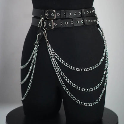 Black layered chain waist belt with double strap and long silver chain drapes