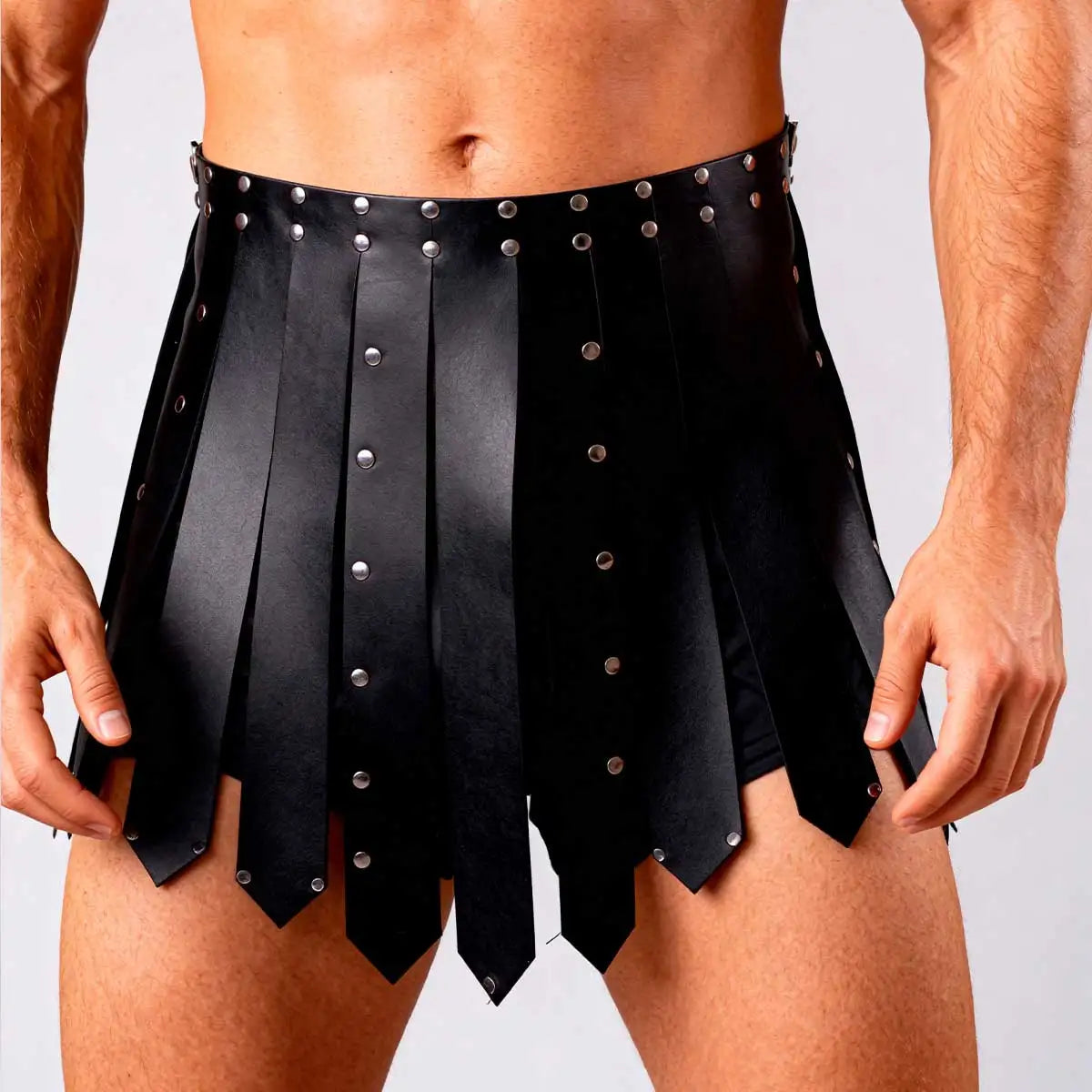 Black studded waist kilt skirt with pleated layered front panels and metal buttons