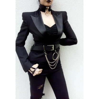 Black waist belt with silver buckle, chain drape and hanging circular ring