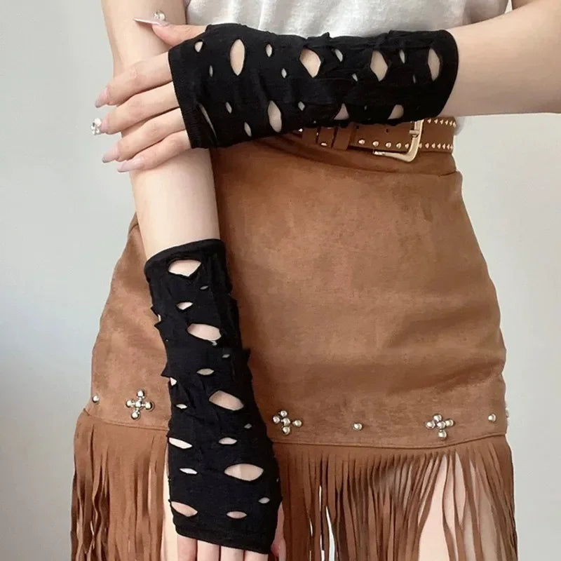 Black cutout arm warmers with oval openings, fingerless long sleeves